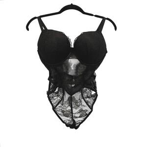 VICTORIA'S SECRET Black Lace Teddy Underwire Corset Padded XL Thong Adjustable